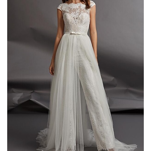 

Jumpsuits Wedding Dresses Jewel Neck Floor Length Detachable Lace Tulle Cap Sleeve Country Plus Size with Sashes / Ribbons Appliques 2022
