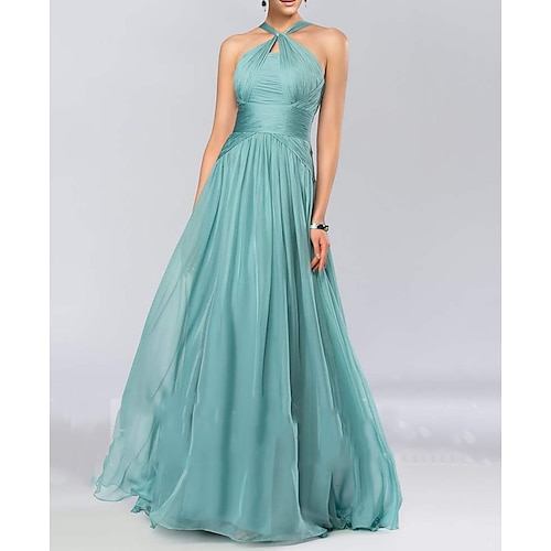 

A-Line Bridesmaid Dress Halter Neck Sleeveless Elegant Floor Length Chiffon with Pleats / Draping 2022