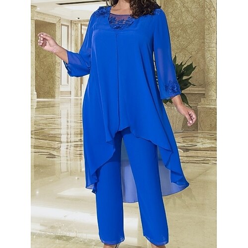 

Pantsuit Mother of the Bride Dress Elegant Jewel Neck Floor Length Satin Lace Long Sleeve with Lace Appliques 2022