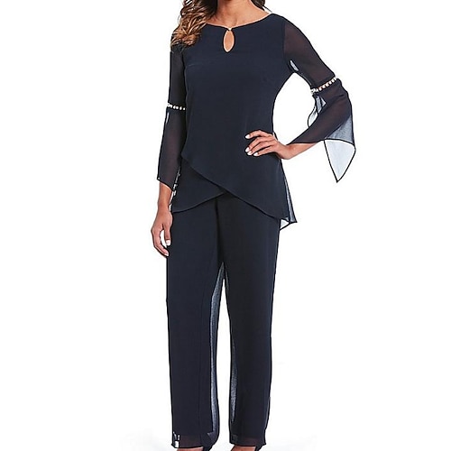 

Pantsuit Mother of the Bride Dress Elegant Jewel Neck Floor Length Chiffon 3/4 Length Sleeve with Beading 2022