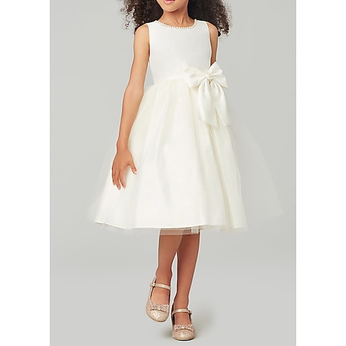 

Wedding Party A-Line Flower Girl Dresses Jewel Neck Knee Length Satin Taffeta Spring Summer with Bow(s) Pure Color Cute Girls' Party Dress Fit 3-16 Years