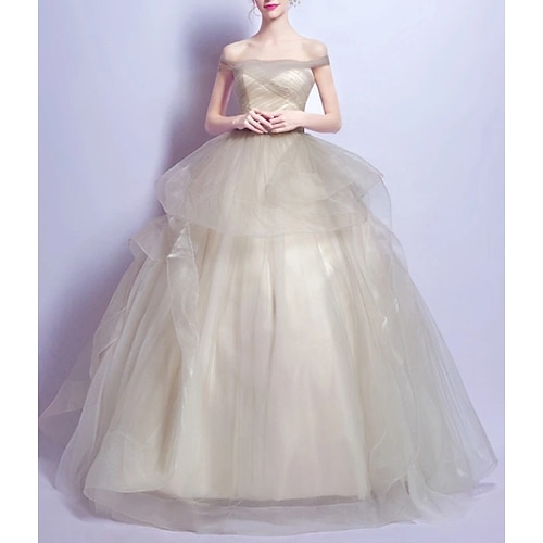 

Ball Gown Minimalist Elegant Engagement Prom Dress Off Shoulder Short Sleeve Floor Length Tulle with Ruched Tier 2022