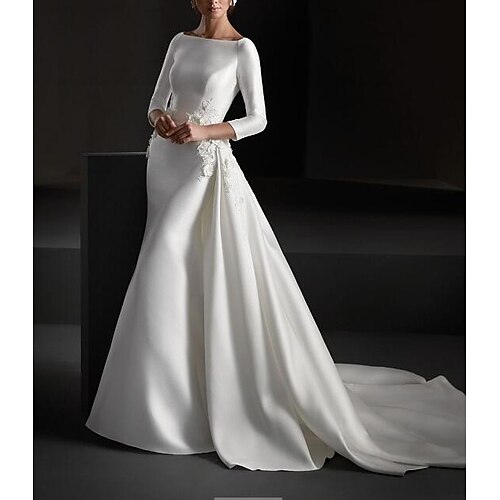 

A-Line Wedding Dresses Jewel Neck Sweep / Brush Train Stretch Satin Long Sleeve Country Plus Size with Embroidery 2022