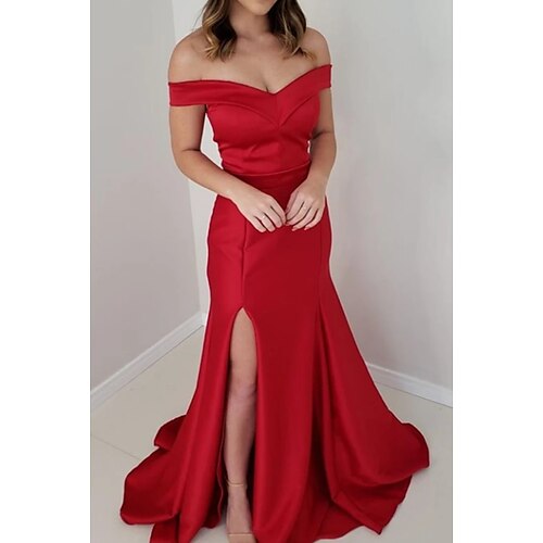 

Mermaid / Trumpet Minimalist High Split Engagement Prom Dress Off Shoulder Short Sleeve Sweep / Brush Train Satin with Slit 2022