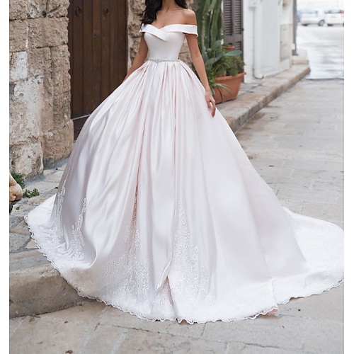 

A-Line Wedding Dresses Off Shoulder Sweep / Brush Train Taffeta Chiffon Over Satin Short Sleeve Country Plus Size with Sashes / Ribbons 2022