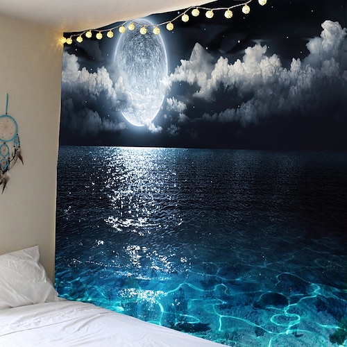 φεγγάρι θάλασσα ουρανός τοίχος ταπισερί τέχνης ντεκόρ κουβέρτα κουρτίνα πικνίκ τραπεζομάντιλο κρεμαστό σπίτι κρεβατοκάμαρα διακόσμηση κοιτώνα σαλονιού τοπίο γεμάτη νύχτα ωκεανό σύννεφο αστέρι