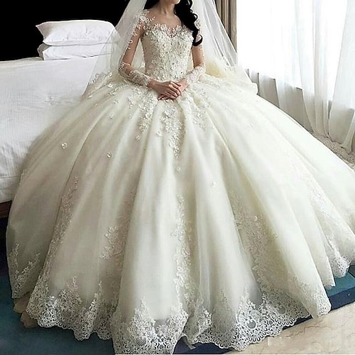 

A-Line Wedding Dresses Scoop Neck Court Train Organza Long Sleeve Sexy Wedding Dress in Color with Appliques 2022