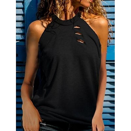 

Women's Tank Top Wine Gray Black Solid Colored Lace up Cut Out Sleeveless Daily Round Neck US4 / UK8 / EU36