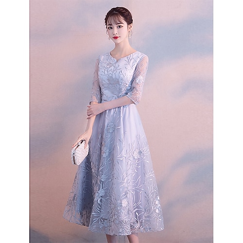 

A-Line Elegant Cocktail Party Prom Dress Jewel Neck 3/4 Length Sleeve Tea Length Lace with Lace Insert Pattern / Print Appliques 2022