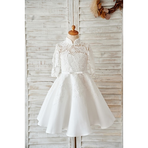 

Wedding First Communion Ball Gown Flower Girl Dresses High Neck Knee Length Lace Tulle Winter Fall with Bows Sash / Ribbon Cute Girls' Party Dress Fit 3-16 Years