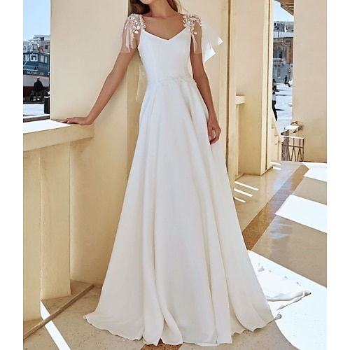 

A-Line Wedding Dresses V Neck Sweep / Brush Train Lace Stretch Satin Jersey Short Sleeve Country Plus Size Illusion Sleeve with Appliques 2022