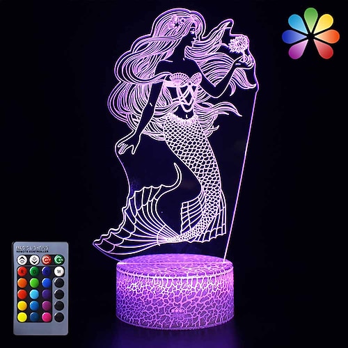 

Little Mermaid Girls Birthday Xmas Gift 16 Colors Changing Remote Control LED Nightlight 3D Illusion Night Lamp Kids Room Decor Toy Bedside Desk Lighting