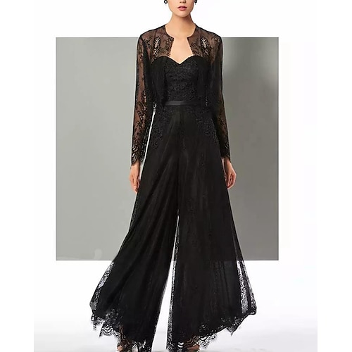 

Pantsuit Mother of the Bride Dress Elegant Sweetheart Neckline Floor Length Chiffon Lace Long Sleeve with Lace Appliques 2022