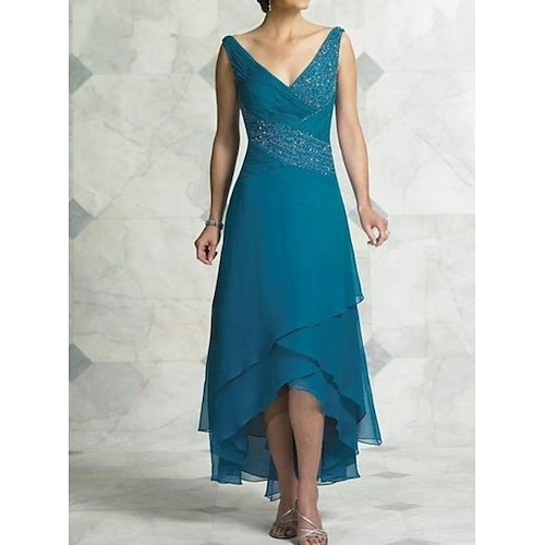 

A-Line Mother of the Bride Dress Sexy V Neck Asymmetrical Chiffon Satin Sleeveless with Beading Tier 2022