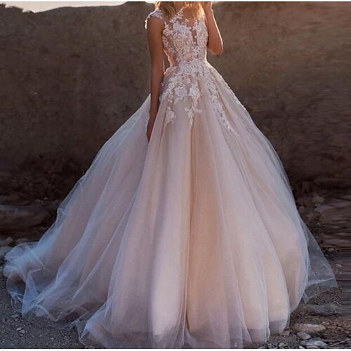 

A-Line Wedding Dresses Jewel Neck Court Train Lace Tulle Sleeveless Sexy See-Through with Embroidery Appliques 2022