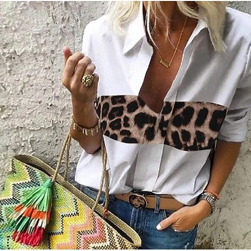 

Women's Blouse Shirt Color Block Leopard Cheetah Print Patchwork Print Shirt Collar Tops Black White