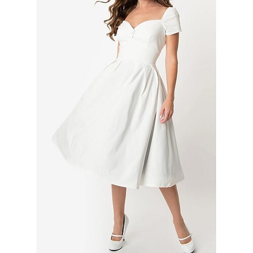 

A-Line Wedding Dresses Sweetheart Neckline Knee Length Cotton Short Sleeve Simple Little White Dress with Buttons Side-Draped 2022