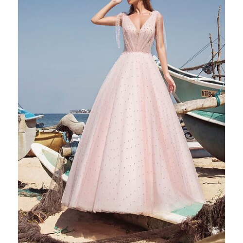 

A-Line Wedding Dresses V Neck Sweep / Brush Train Tulle Sleeveless Country Sexy Wedding Dress in Color with Beading 2022