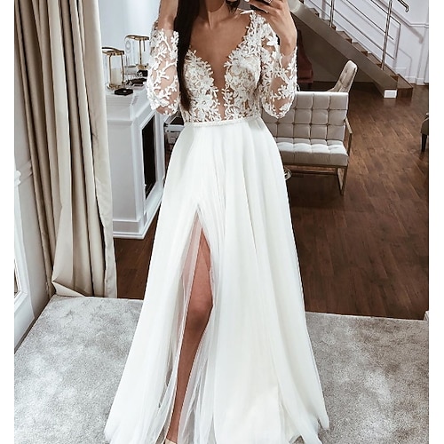 

A-Line Wedding Dresses V Neck Floor Length Lace Chiffon Over Satin Long Sleeve Boho Sexy See-Through with Embroidery Split Front 2022