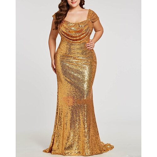 

Mermaid / Trumpet Sparkle Plus Size Party Wear Formal Evening Dress Scoop Neck Short Sleeve Sweep / Brush Train Sequined with Ruched 2022