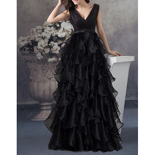 

A-Line Prom Dresses Empire Dress Party Wear Floor Length Sleeveless V Neck Organza with Tier 2022