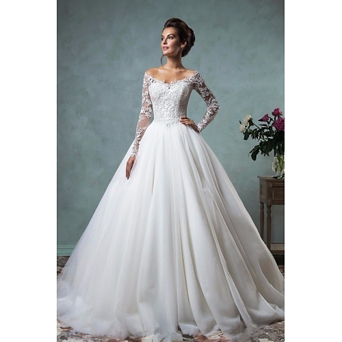 

A-Line Wedding Dresses Off Shoulder Court Train Lace Tulle Long Sleeve Formal See-Through with Embroidery 2022