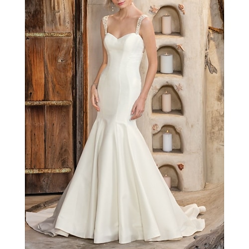 

Mermaid / Trumpet Wedding Dresses V Neck Chapel Train Matte Satin Georgette Sleeveless Sexy Wedding Dress in Color with 2022