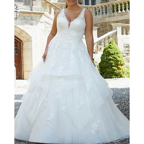 

A-Line Wedding Dresses V Neck Watteau Train Lace Tulle Sleeveless Formal Sexy Plus Size with Ruffles Embroidery 2022