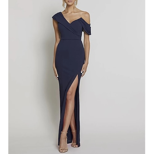 

Sheath / Column Bridesmaid Dress One Shoulder Sleeveless Elegant Stretch Chiffon with Split Front 2022