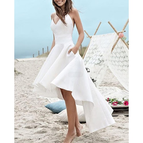 

A-Line Wedding Dresses V Neck Spaghetti Strap Asymmetrical Satin Sleeveless Simple Little White Dress 1950s with Pleats 2022