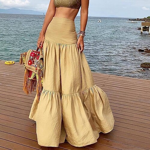 

Women's Swing Maxi Polyester Wine Khaki Brown Black Skirts Long Vacation Summer S M L