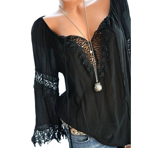 

Women's Blouse Shirt Red Gray White Geometric Color Block Lace Fashion Long Sleeve Daily V Neck Regular Plus Size S / Summer / Winter