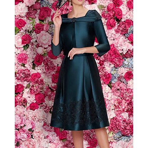 

Two Piece A-Line Mother of the Bride Dress Elegant Jewel Neck Knee Length Satin Lace Tulle 3/4 Length Sleeve with Sash / Ribbon Pleats Appliques 2022