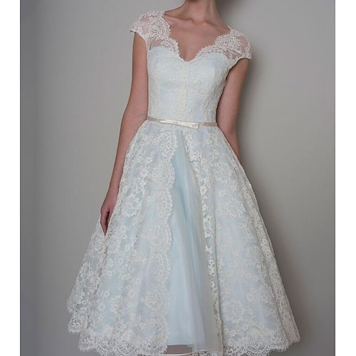 

A-Line Wedding Dresses Sweetheart Neckline Knee Length Satin Lace Sleeveless Vintage 1950s Cape with Sashes / Ribbons Embroidery 2022