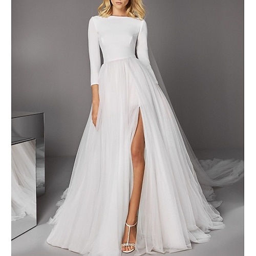 

A-Line Wedding Dresses Jewel Neck Court Train Satin Tulle 3/4 Length Sleeve Casual Modern with Split Front 2022