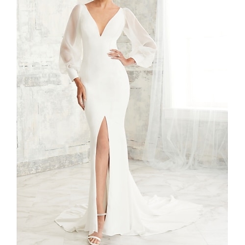 

Mermaid / Trumpet Wedding Dresses V Neck Court Train Tulle Stretch Satin Long Sleeve Simple Illusion Sleeve with Split Front 2022 / Puff Balloon Sleeve