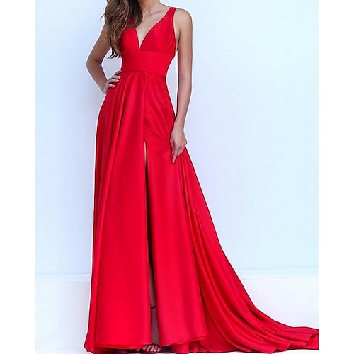 

A-Line Evening Dresses Elegant Dress Engagement Sweep / Brush Train Sleeveless V Neck Satin with Pleats Slit 2022 / Formal Evening