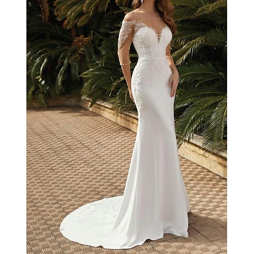 

Mermaid / Trumpet Wedding Dresses Square Neck Sweep / Brush Train Lace Satin Tulle Half Sleeve Sexy See-Through with Pearls Embroidery 2022