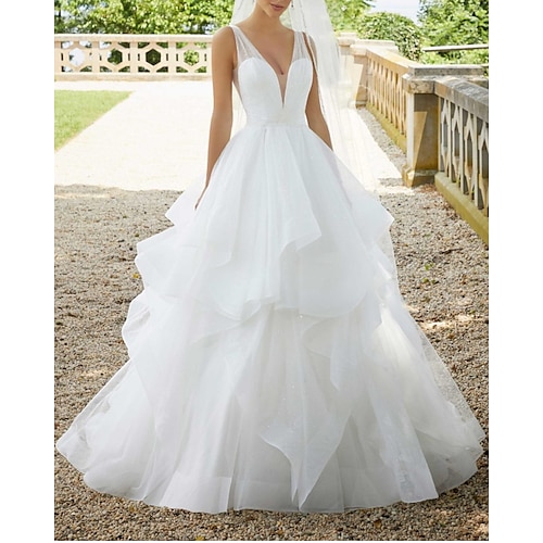 

Ball Gown Wedding Dresses V Neck Sweep / Brush Train Organza Sequined Sleeveless Sexy See-Through with Cascading Ruffles 2022