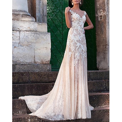

A-Line Wedding Dresses Jewel Neck Sweep / Brush Train Lace Tulle Cap Sleeve Sexy See-Through Backless with Embroidery Appliques 2022