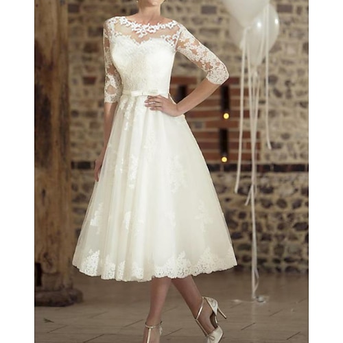 

A-Line Wedding Dresses Off Shoulder Knee Length Lace Tulle Half Sleeve Vintage with Appliques 2022