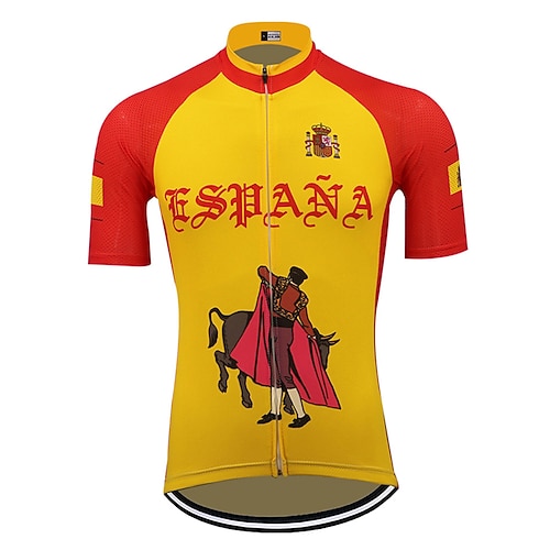 

21Grams Men's Cycling Jersey Short Sleeve Bike Jersey Top with 3 Rear Pockets Mountain Bike MTB Road Bike Cycling UV Resistant Breathable Quick Dry Reflective Strips Orange Cow Spain National Flag