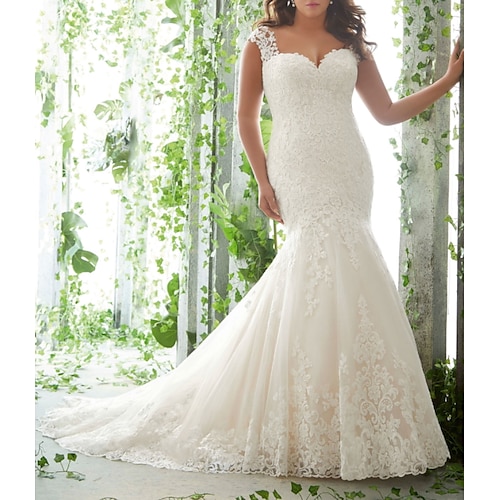 

Mermaid / Trumpet Wedding Dresses Sweetheart Neckline Sweep / Brush Train Lace Tulle Sleeveless Romantic with Embroidery 2022