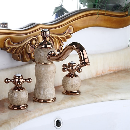 

Deck Mount Bathroom Basin Faucet, Marble Stone Rose Gold Widespread Lavatory Two Handles Three Holes Sink Tap with Hot and Cold Switch