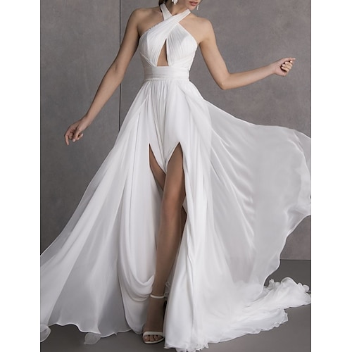 

A-Line Wedding Dresses Halter Neck Sweep / Brush Train Chiffon Sleeveless Sexy See-Through with Split Front 2022