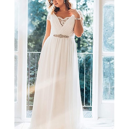 

A-Line Wedding Dresses V Neck Sweep / Brush Train Chiffon Lace Short Sleeve Simple Plus Size with Ruched Crystal Brooch 2022