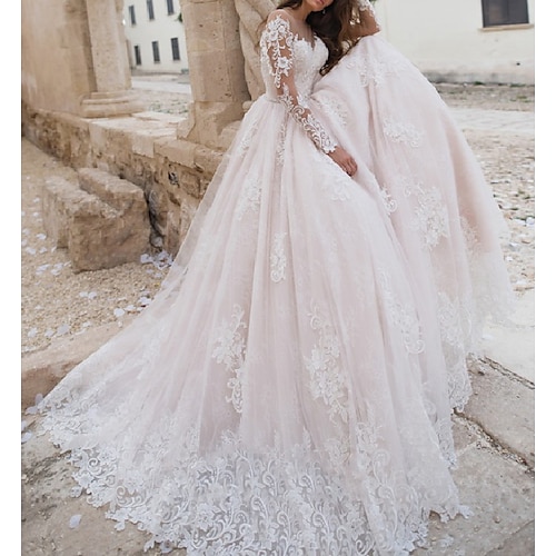 

A-Line Wedding Dresses Jewel Neck Sweep / Brush Train Lace Tulle Long Sleeve Country Sexy Wedding Dress in Color Illusion Sleeve with Appliques 2022