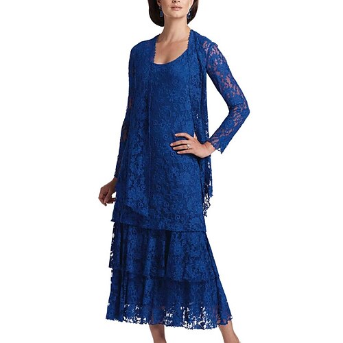 

Two Piece Sheath / Column Mother of the Bride Dress Elegant Jewel Neck Ankle Length Lace Long Sleeve with Cascading Ruffles 2022