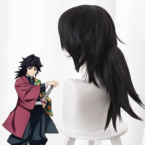  Demon Slayer: Kimetsu no Yaiba Tomioka Giyuu Cosplay Wigs Men's Layered Haircut 16 inch Heat Resistant Fiber Curly Black Teen Adults' Anime Wig Halloween Wigs