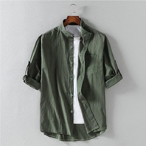 

Men's Shirt Solid Colored Collar Standing Collar Daily 3/4 Length Sleeve Tops White Black Army Green Summer Casual Shirts